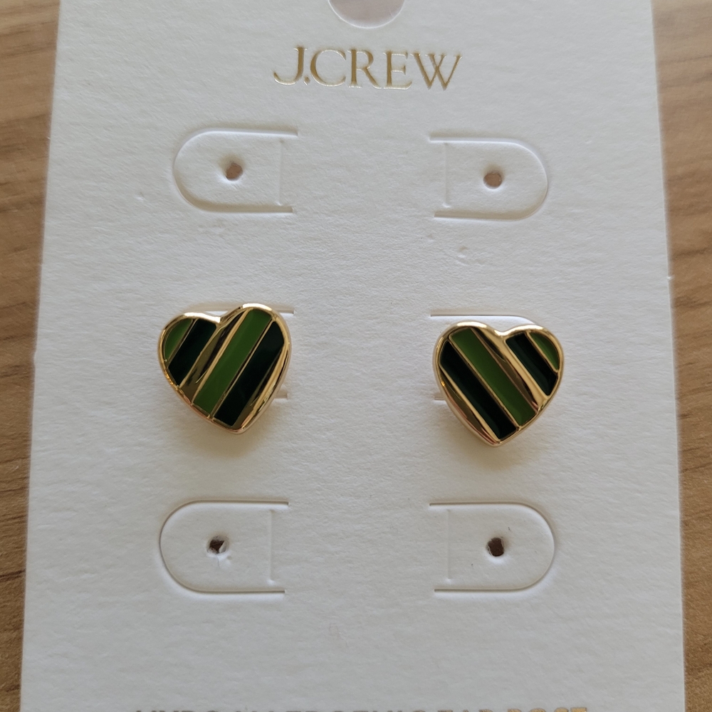 J. Crew Striped Green and Gold Heart Earrings